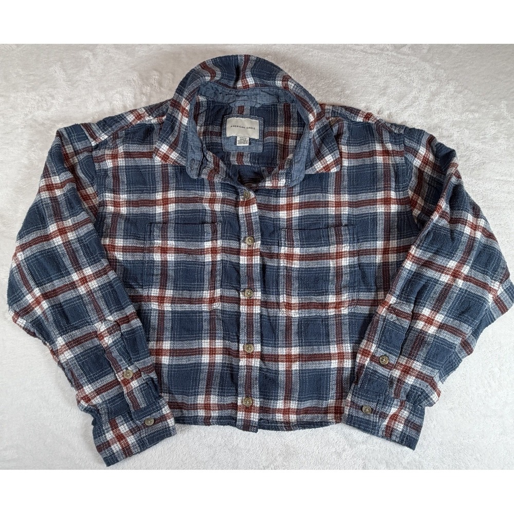 American Eagle Shirt Women's Sz S Multicolored Plaid Button Up‎ Flannel Cropped